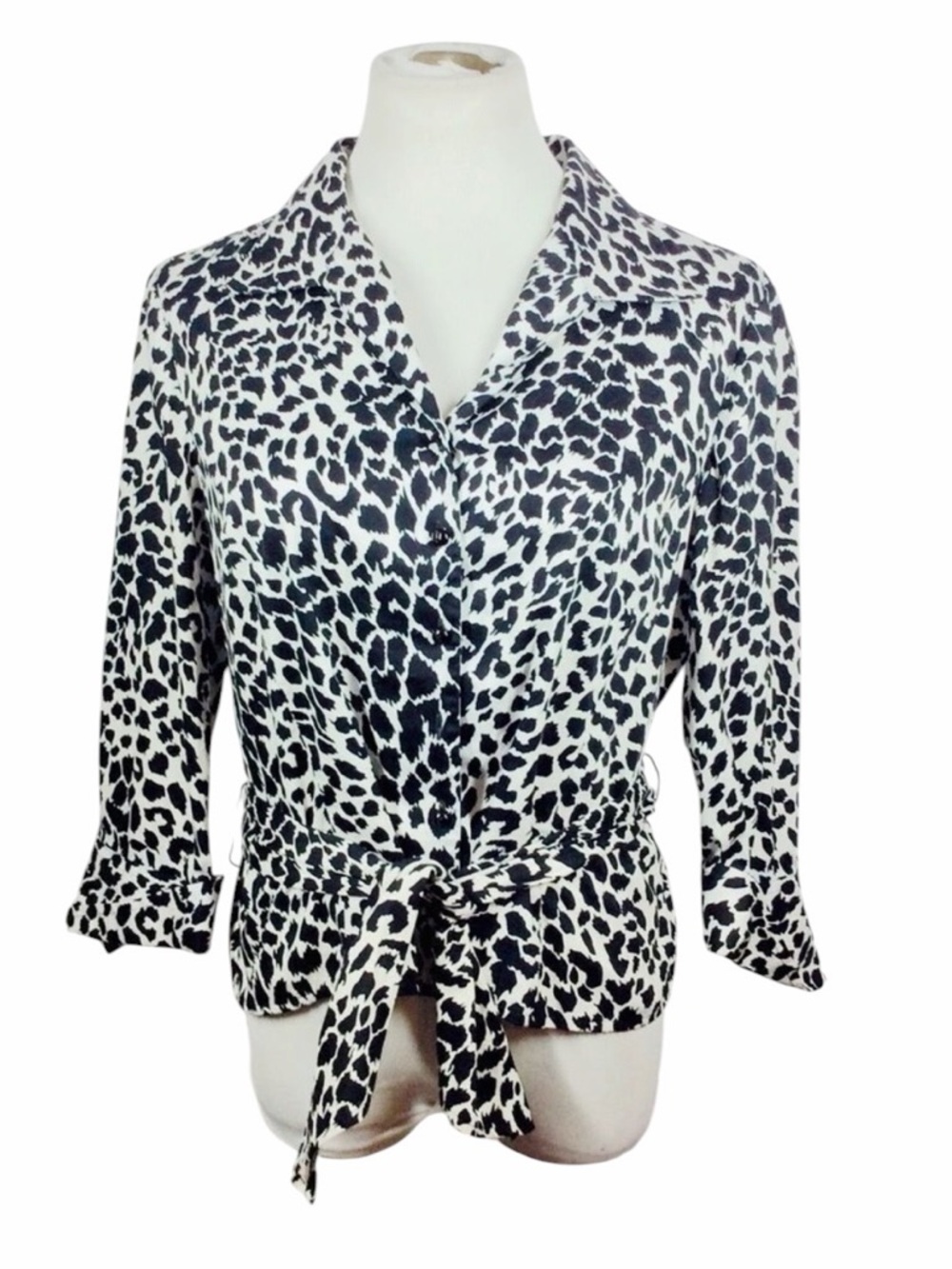 Jones New York Black & White Leopard Belted Blouse - Large